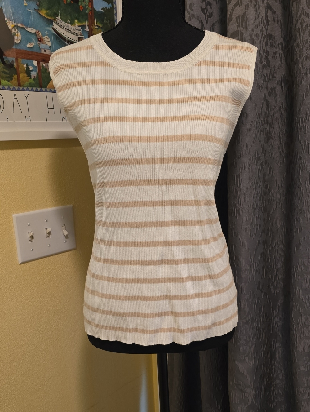 H by Halston Cream & Tan Striped Sleeveless Knit Tank